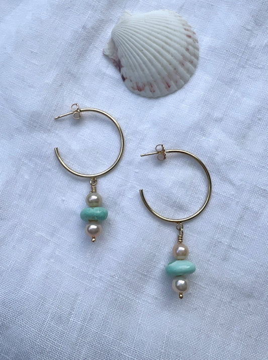 Gold Open Hoops with Turquoise + Pearls No. 2