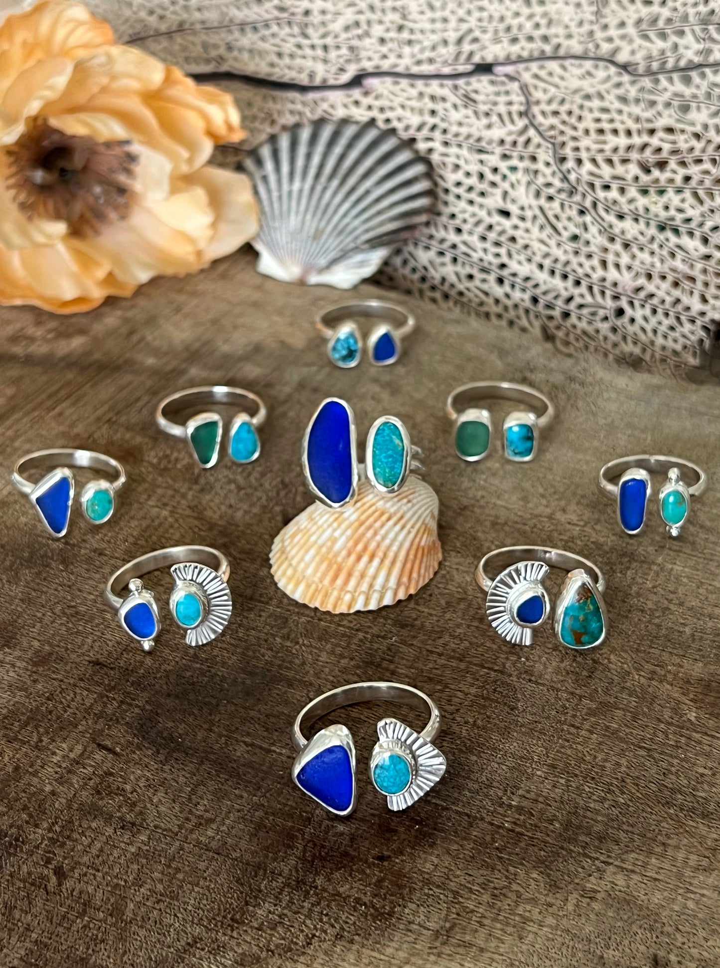 Dyad Ring with Rare Cobalt Blue Seaglass + Turquoise • Size 8.25-9