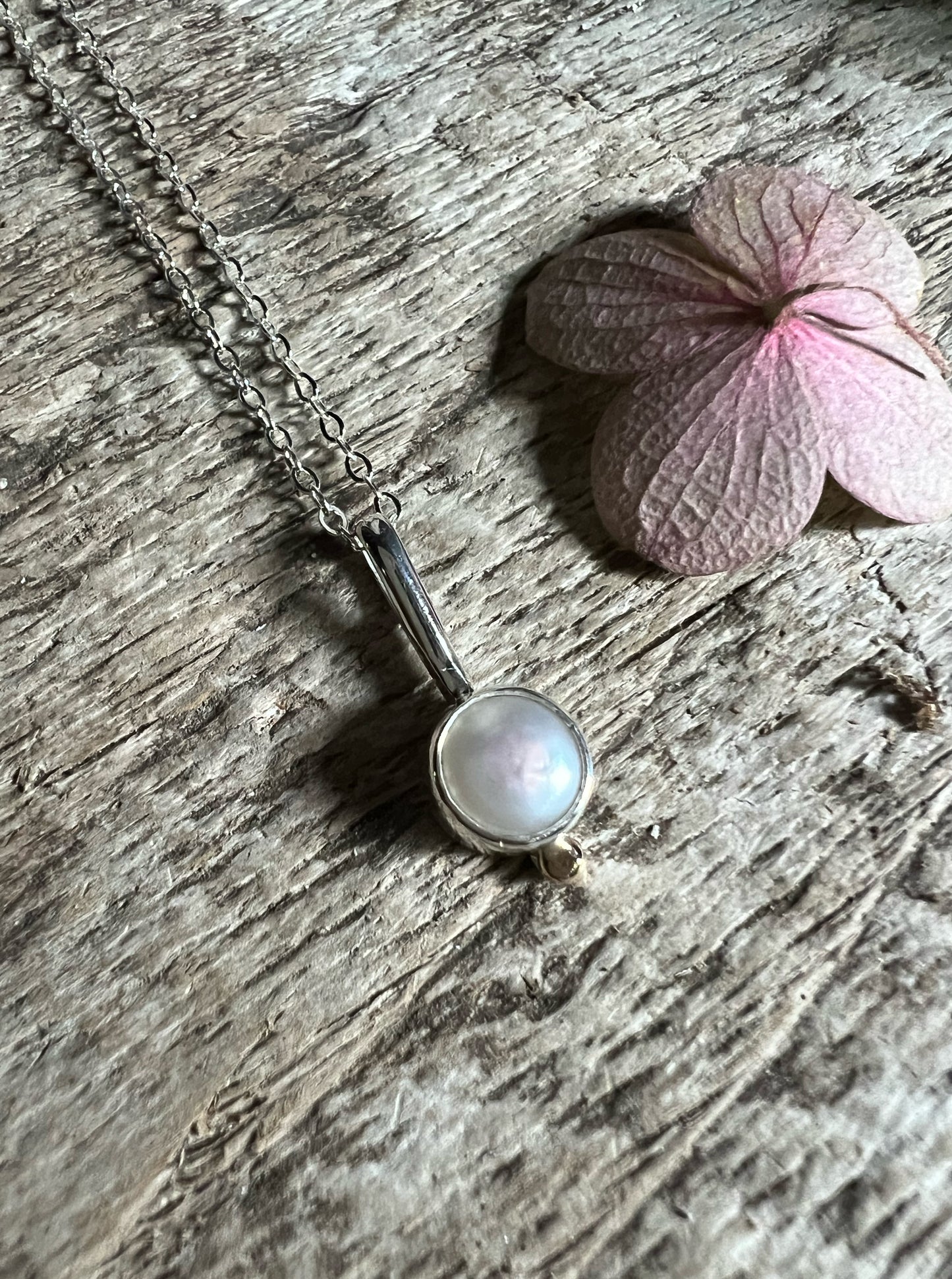 Little Moon Pendant with Natural Pearl + 14k Gold Detail