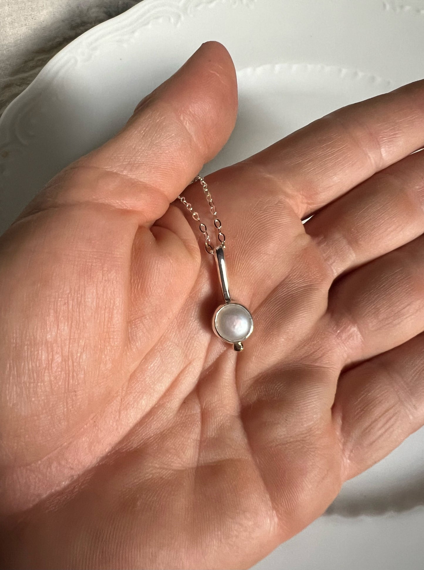 Little Moon Pendant with Natural Pearl + 14k Gold Detail