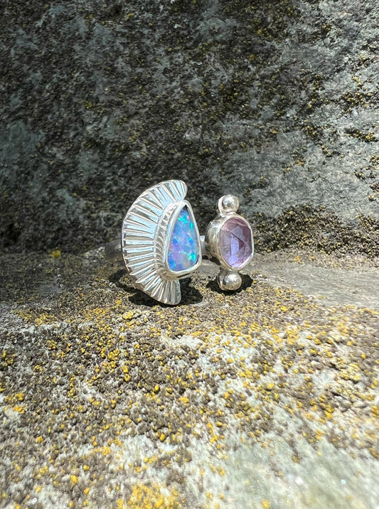 Dyad Ring with Australian Opal + Amethyst • Size 5.5-6