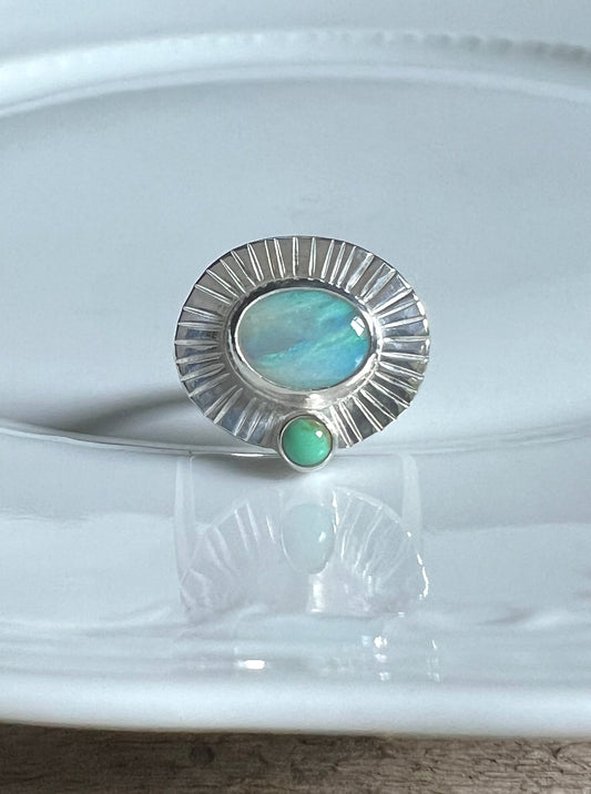 Radiance Ring with Australian Opal + New Lander Variscite • Size 7.5