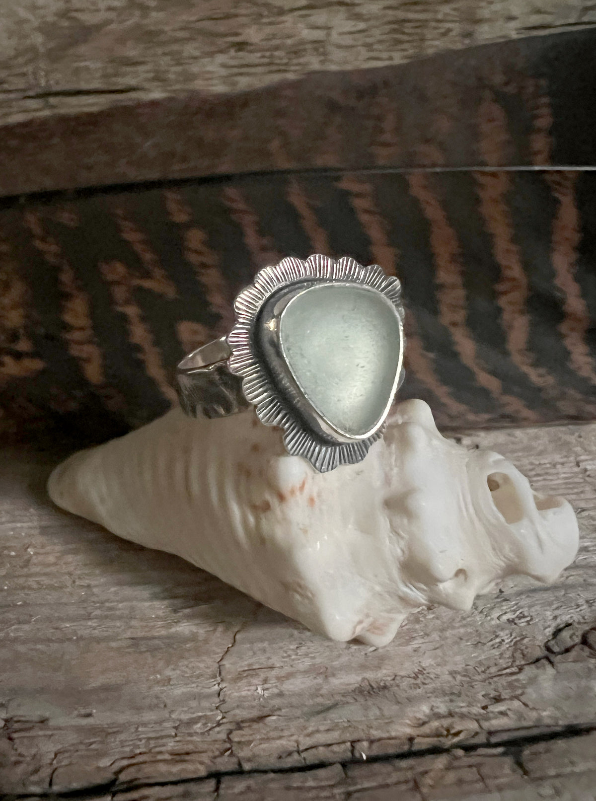 Ripple Ring with Seafoam Seaglass • Size 7.5