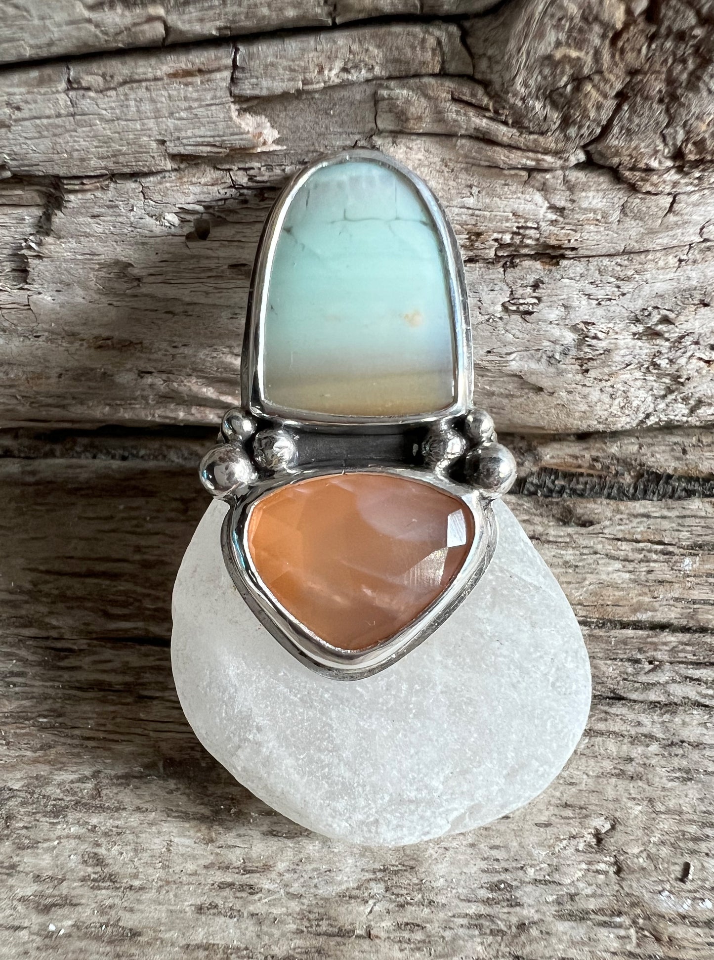 Scenic Blue Opal Petrified Wood + Peach Moonstone Ring • Size 8.5