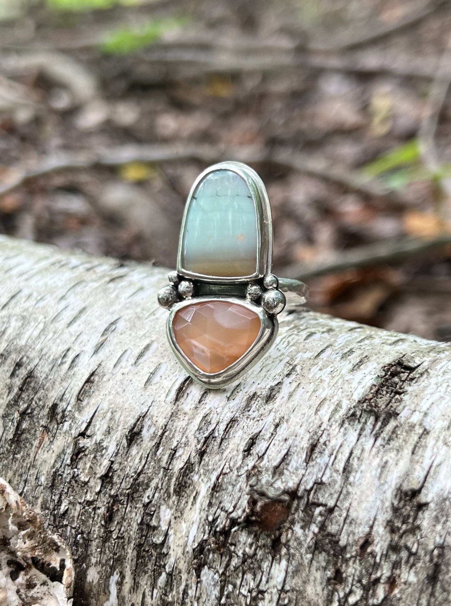 Scenic Blue Opal Petrified Wood + Peach Moonstone Ring • Size 8.5