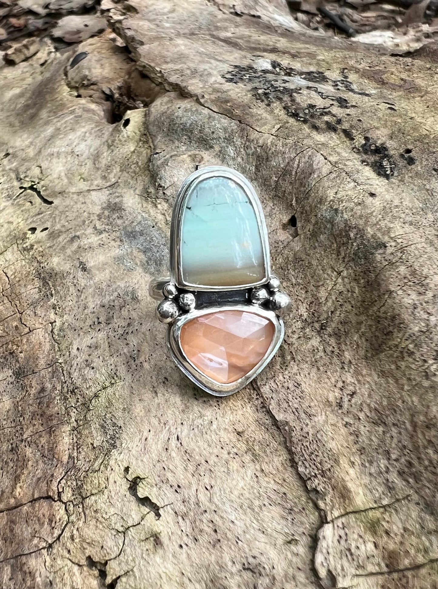 Scenic Blue Opal Petrified Wood + Peach Moonstone Ring • Size 8.5