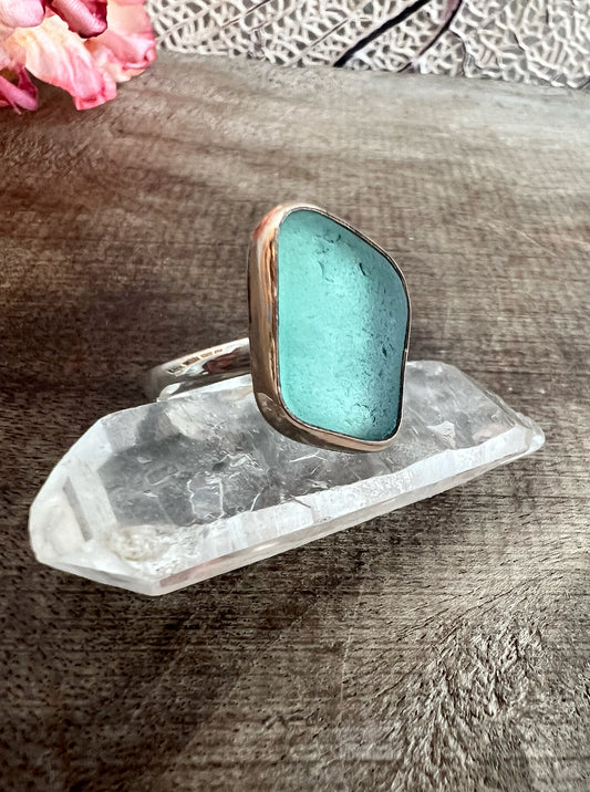 Seafoam Seaglass Ring Set in 14k Gold Fill • Size 9.25