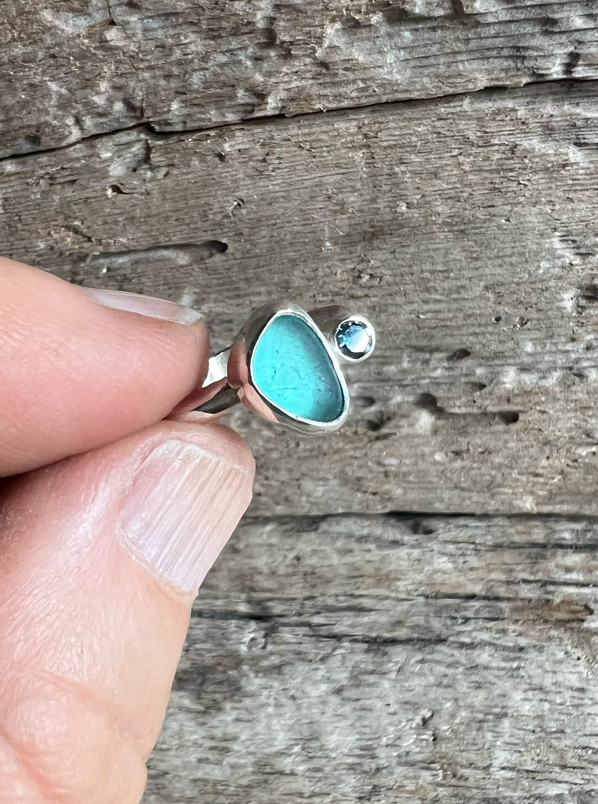Teal Seaglass + Topaz Ring • Size 9