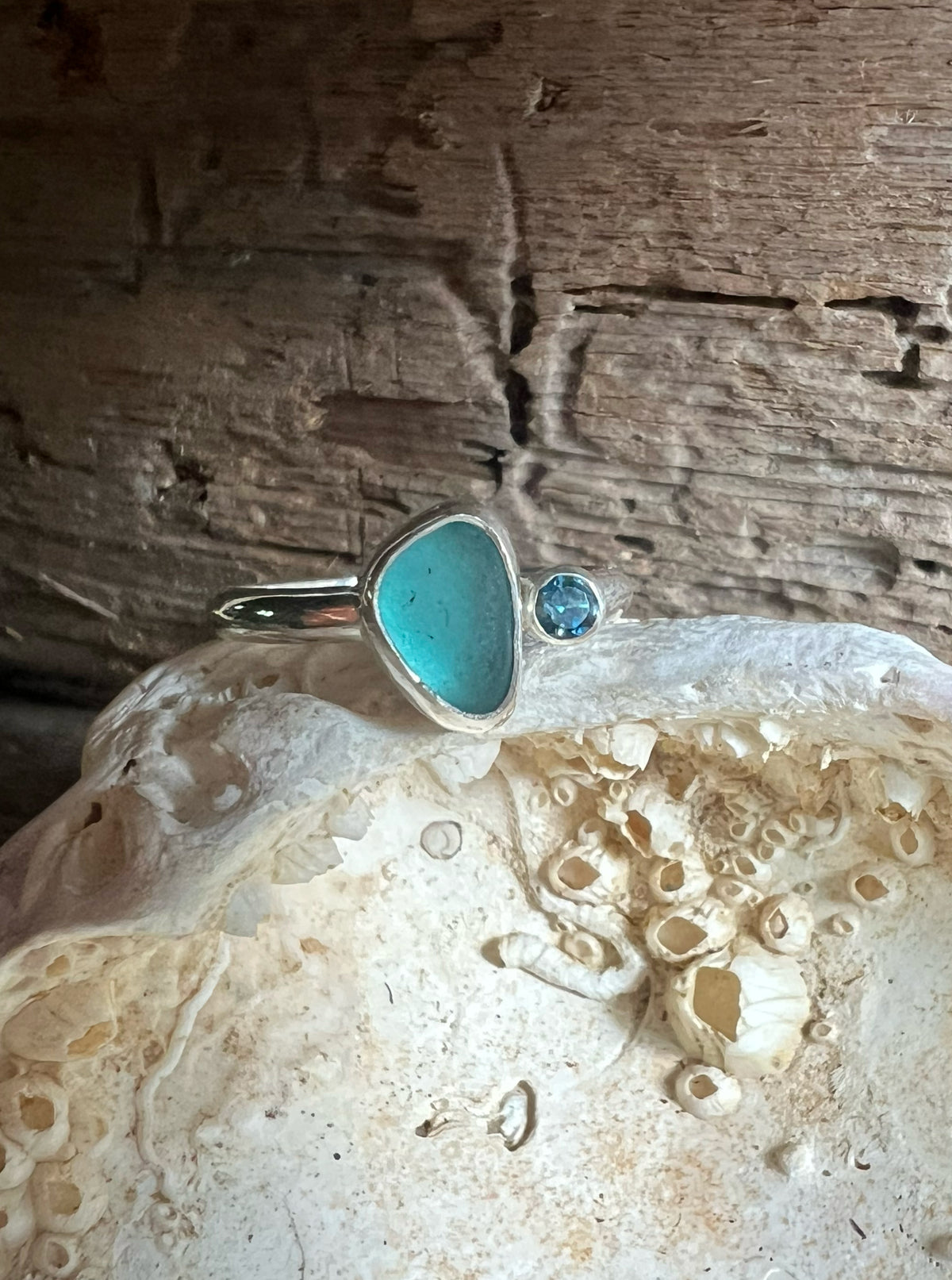 Teal Seaglass + Topaz Ring • Size 9