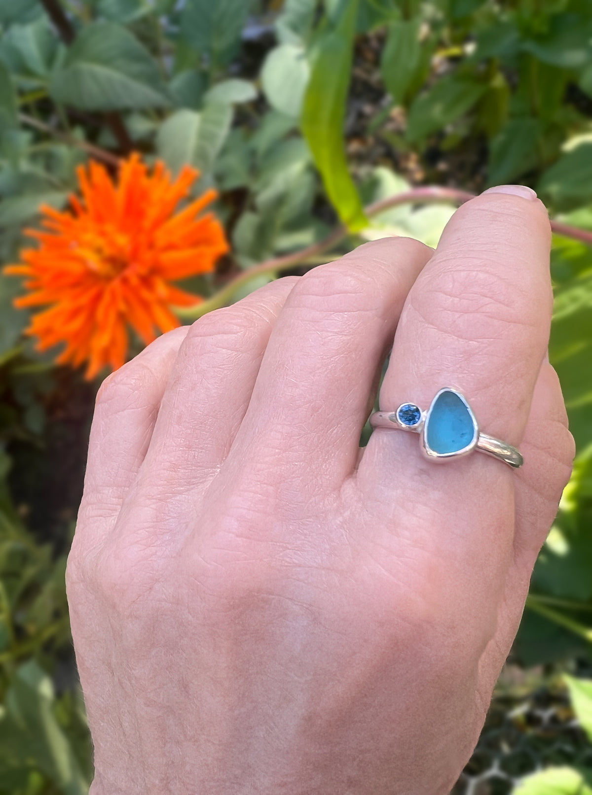 Teal Seaglass + Topaz Ring • Size 9