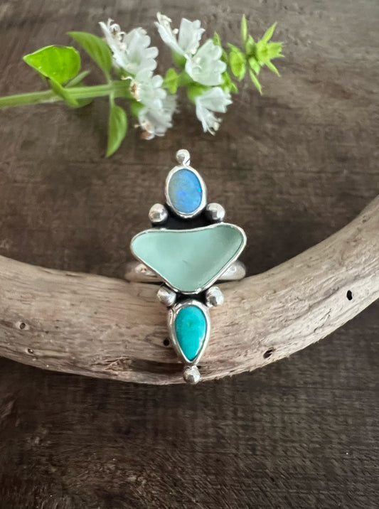 Sweetheart Trio Ring with Opal, Seaglass + Turquoise • Size 8.25