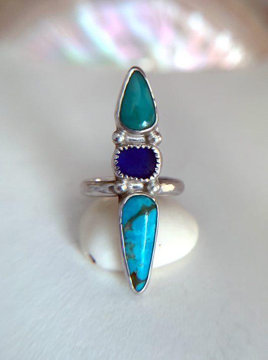 Trio Ring with Turquoise and Seaglass • Size 8