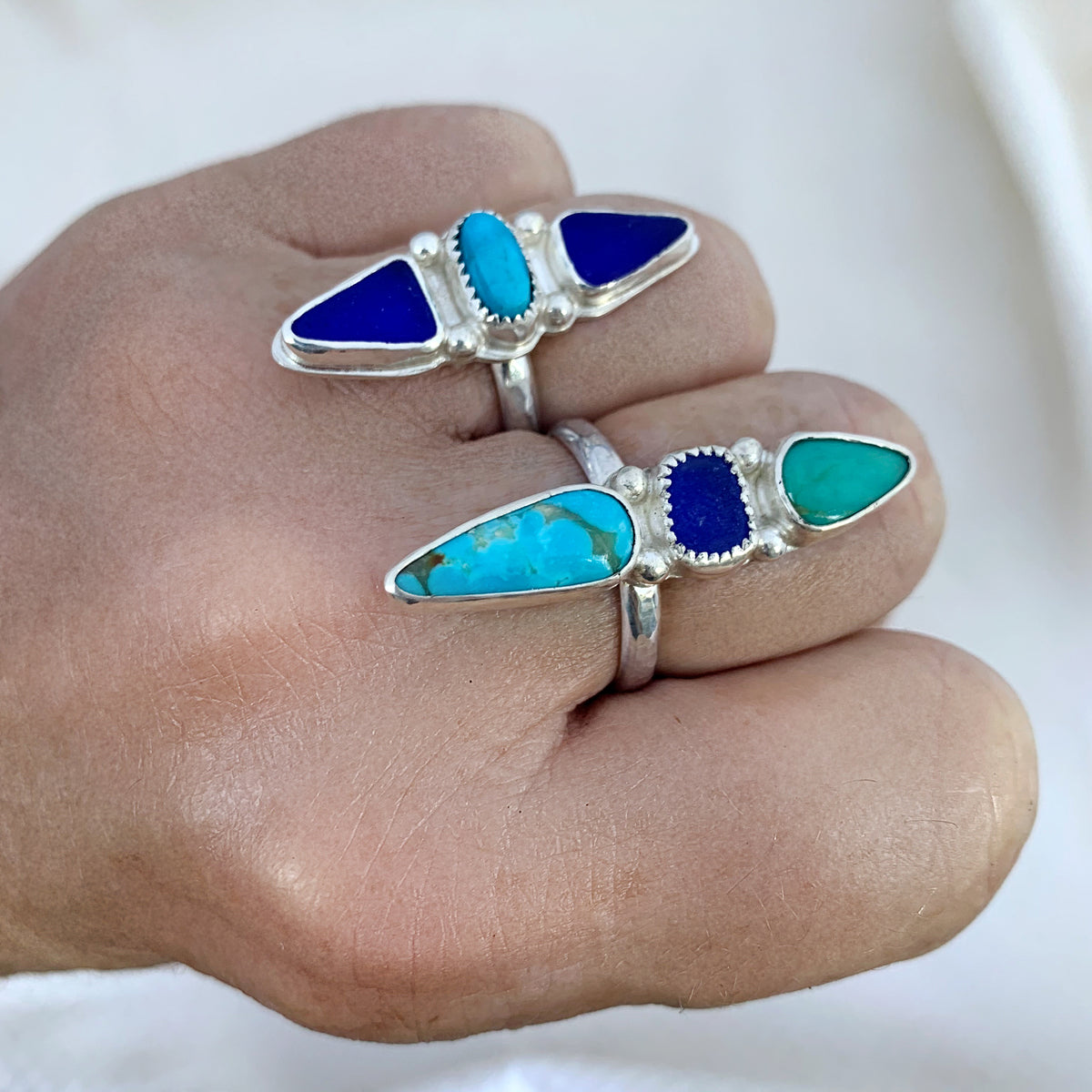 Trio Ring with Turquoise and Seaglass • Size 8