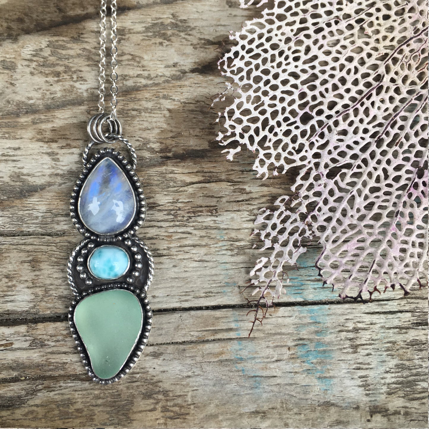 Sirena Trio Pendant with Rainbow Moonstone, Larimar and Natural Sea Glass