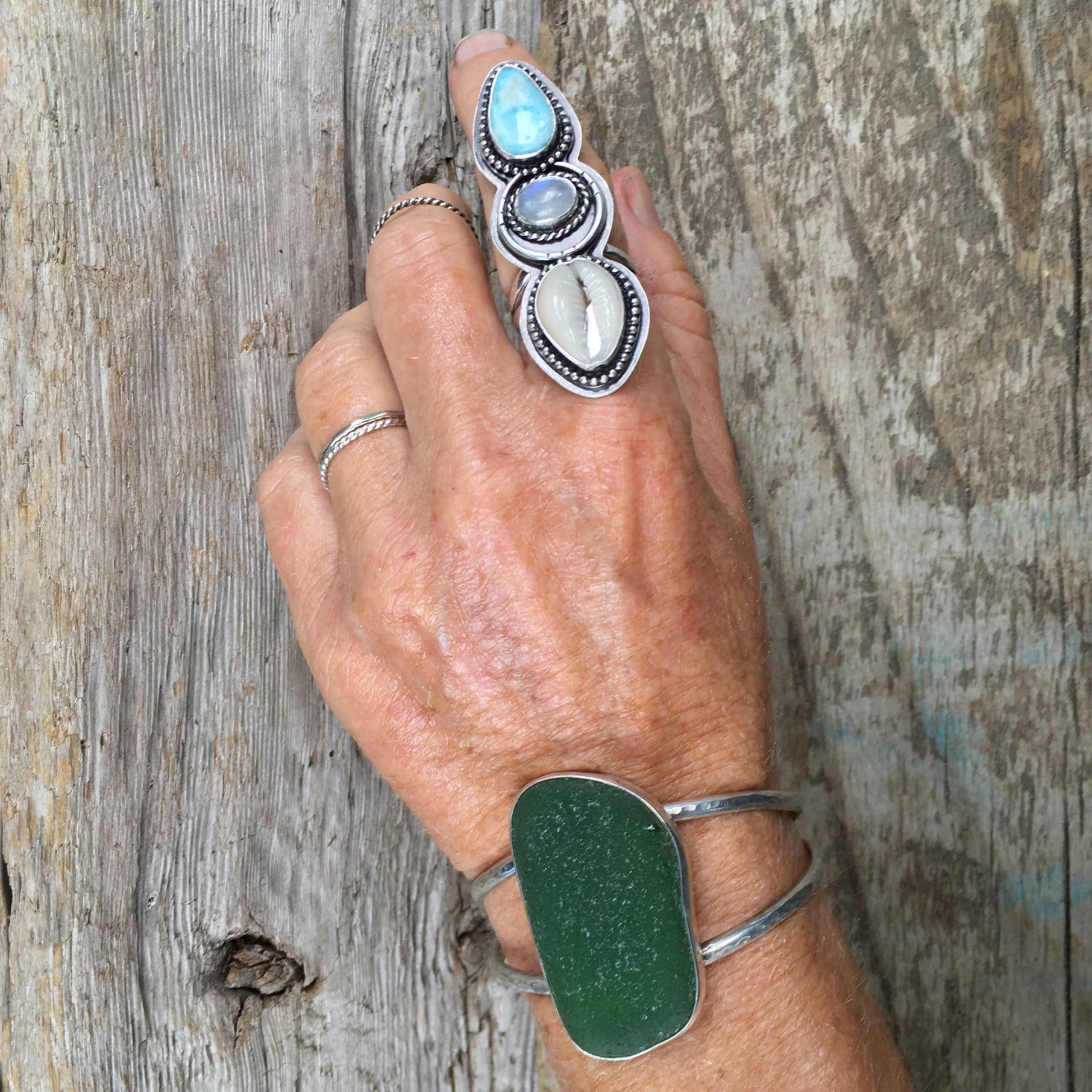 Luxe Beachcomber Cuff with Extra Large Deep Green Seaglass Shown on Wrist