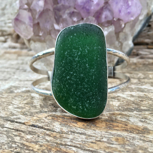 Luxe Beachcomber Cuff with Extra Large Deep Green Seaglass