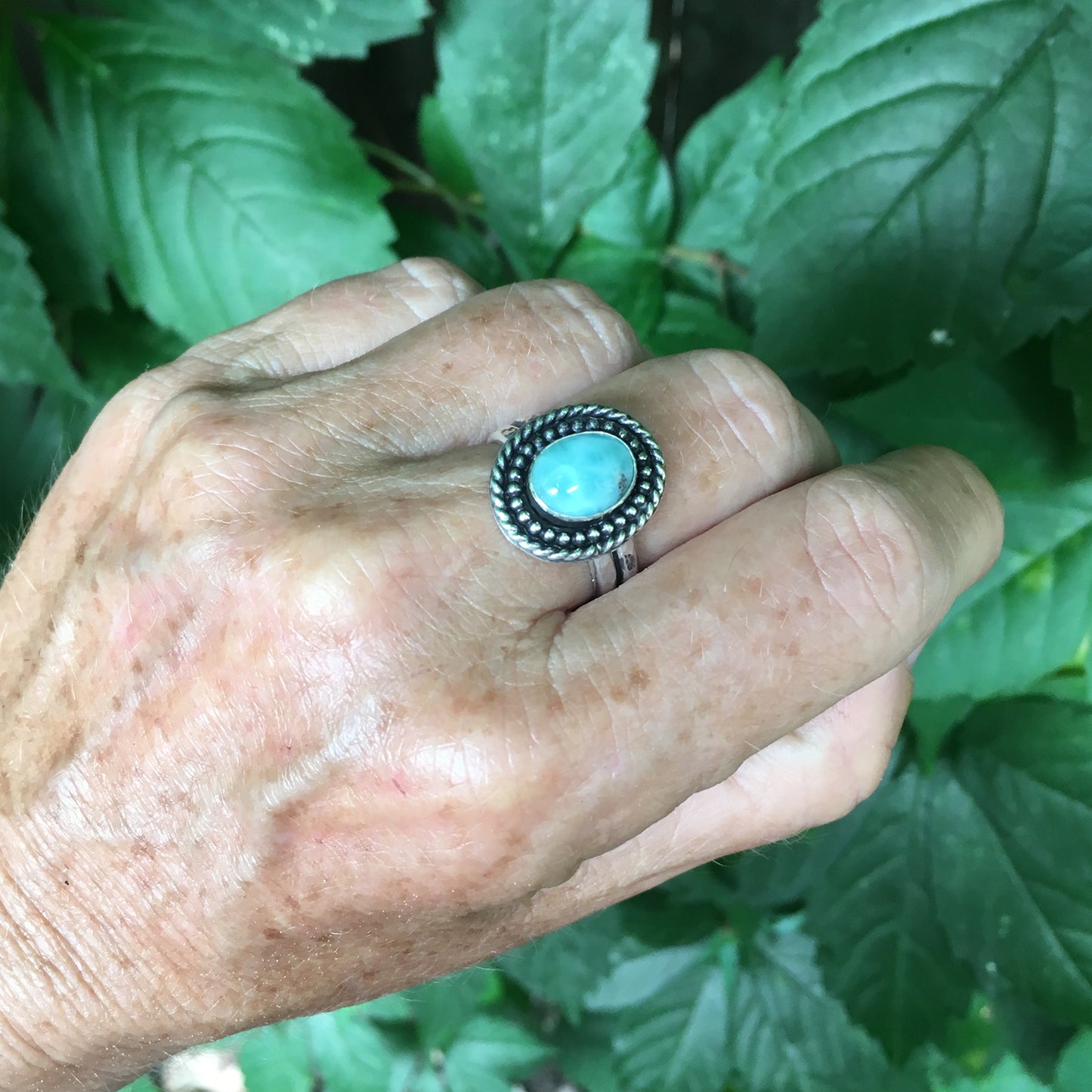 Larimar Shield Ring Shown on Hand