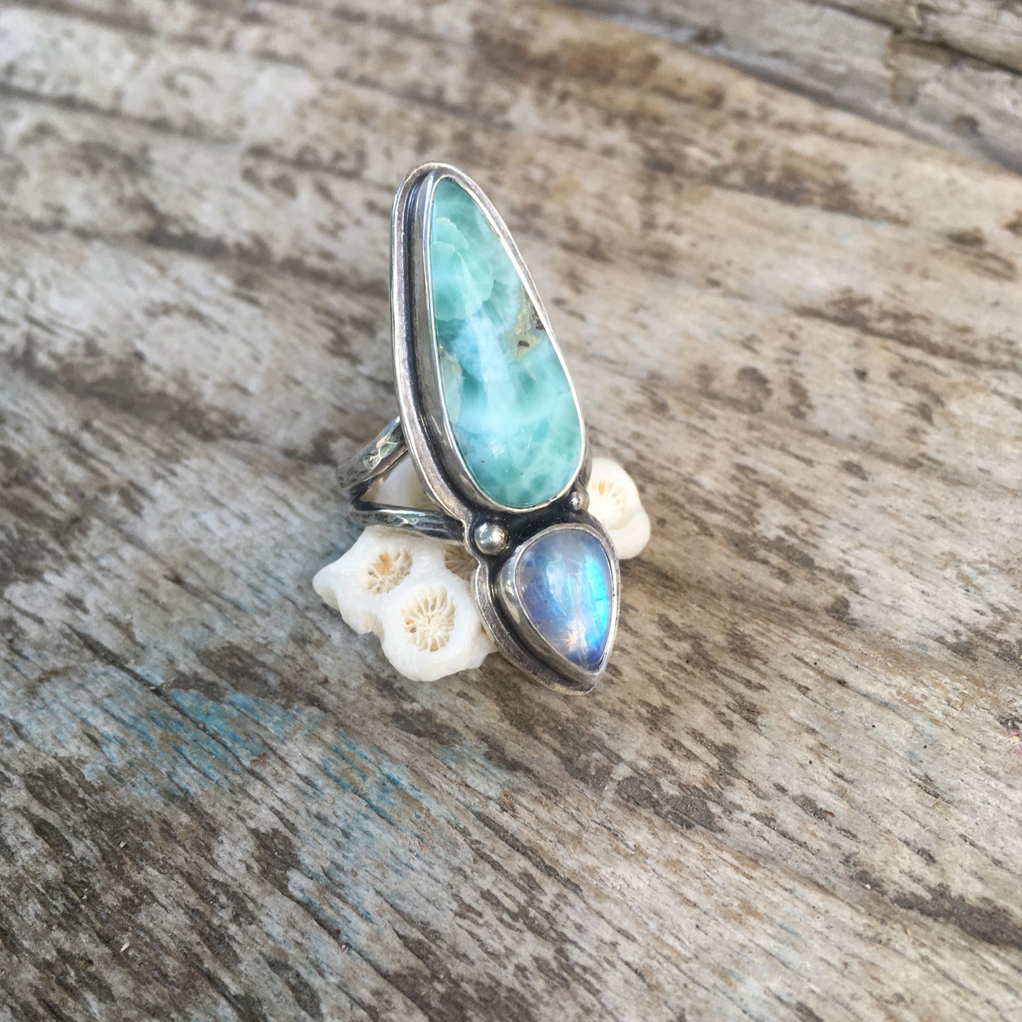 Double Amulet Ring with Larimar and Moonstone Shown on Angle