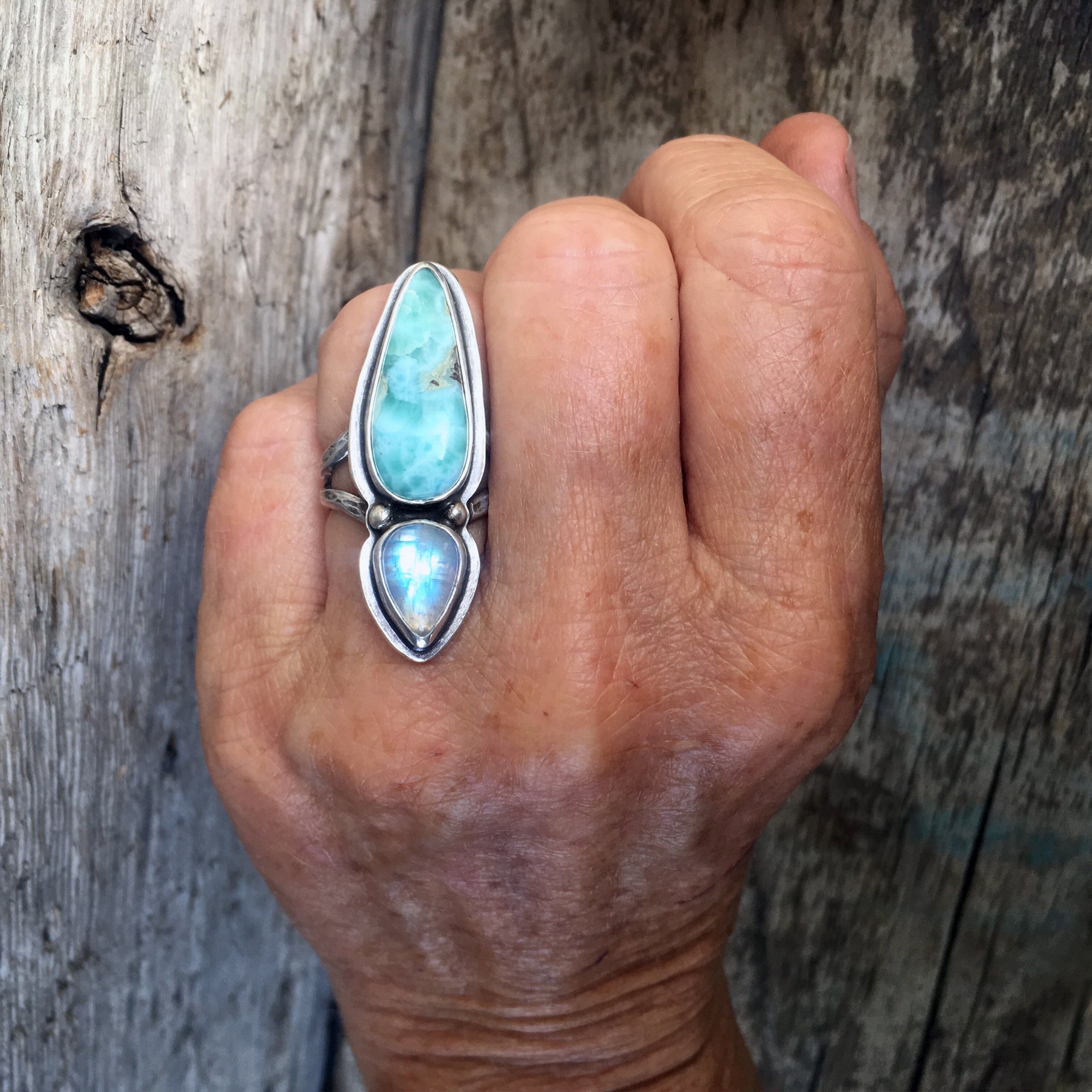 Double Amulet Ring with Larimar and Moonstone Shown on Hand