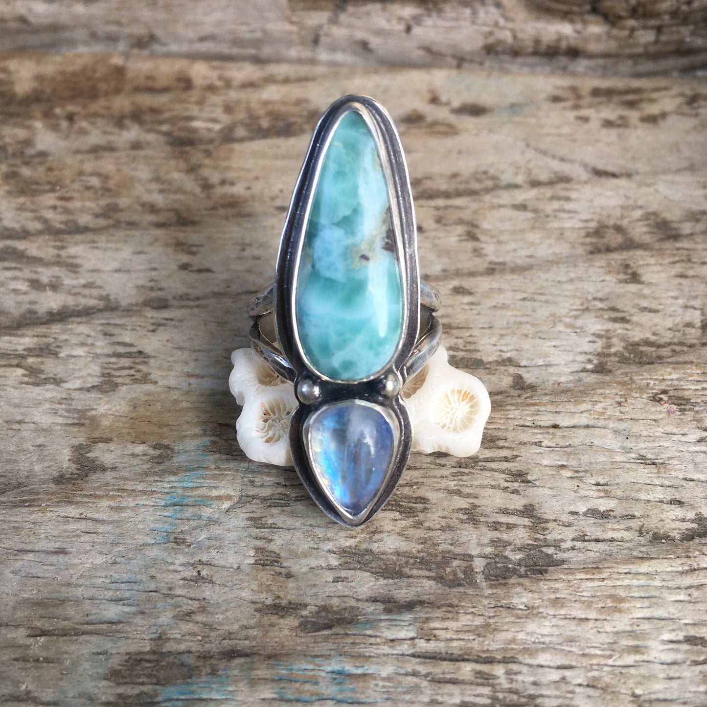 Double Amulet Ring with Larimar and Moonstone