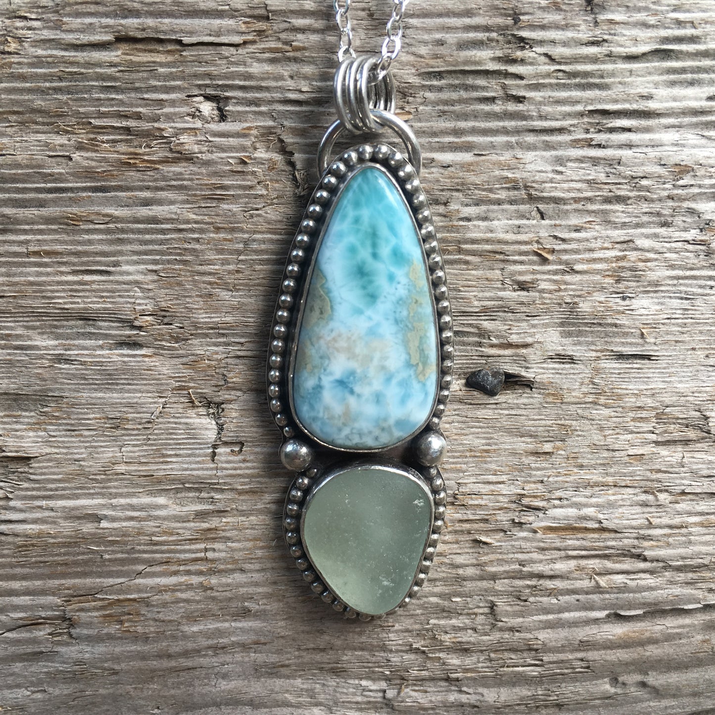 Double Amulet Larimar and Sea Glass Pendant