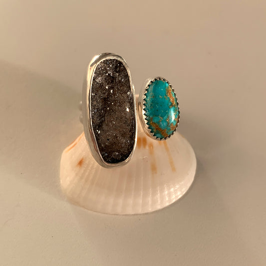 Druzy Agate + Turquoise Duet Ring • Size 7 / 7.5