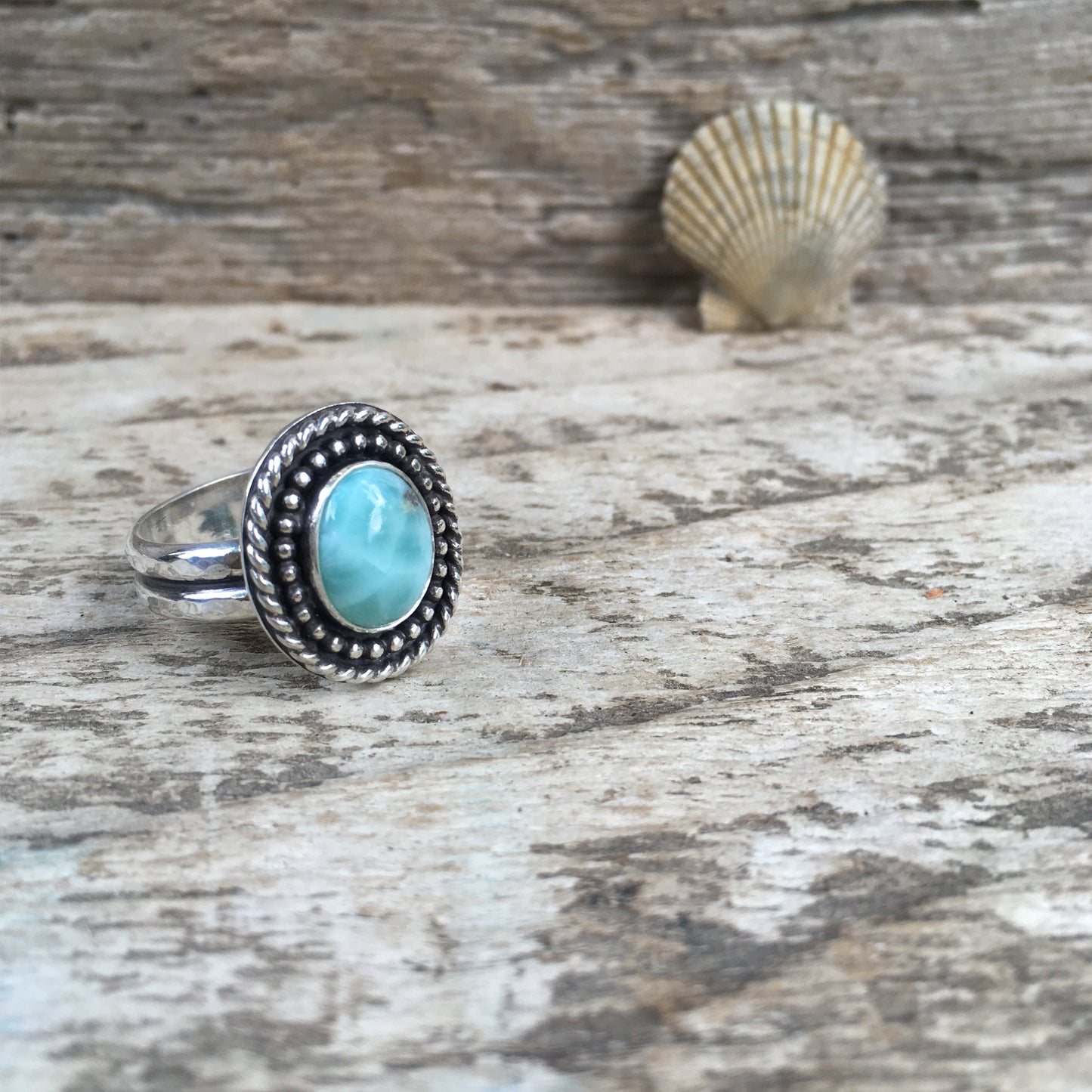 Larimar Shield Ring Shown at Angle