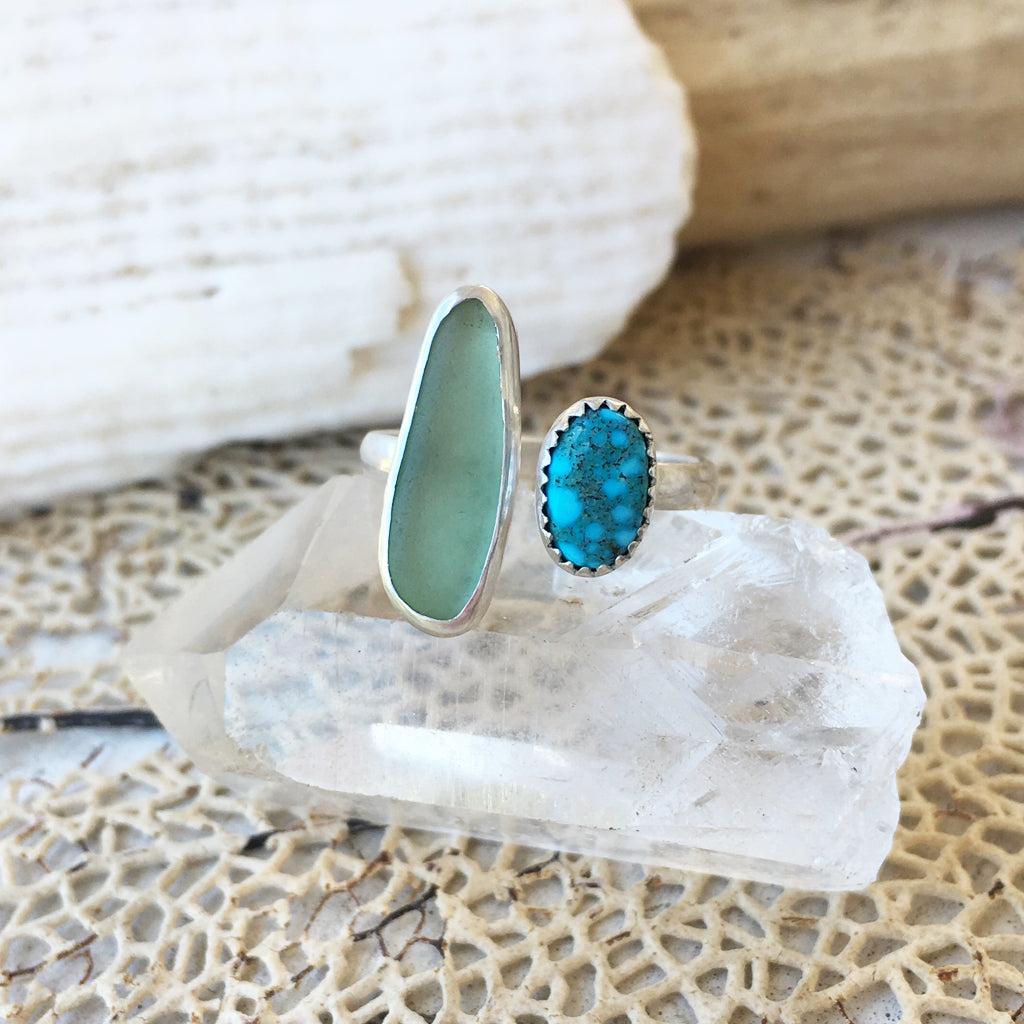 Handcrafted-Kingman-Turquoise-and-Seafoam-Seaglass-Ring