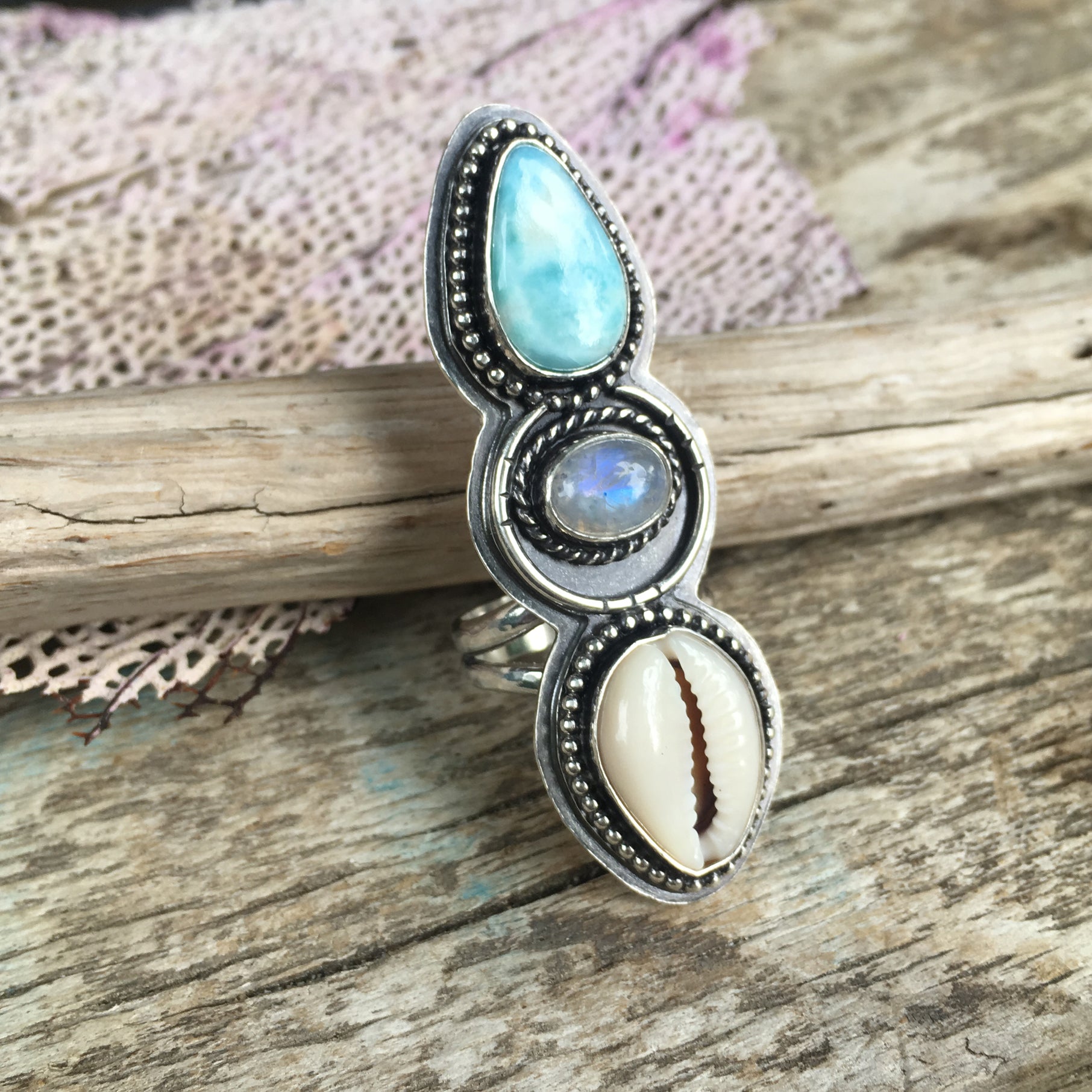 Alchemist Trio Ring with Larimar, Rainbow Moonstone and Cowrie Shell