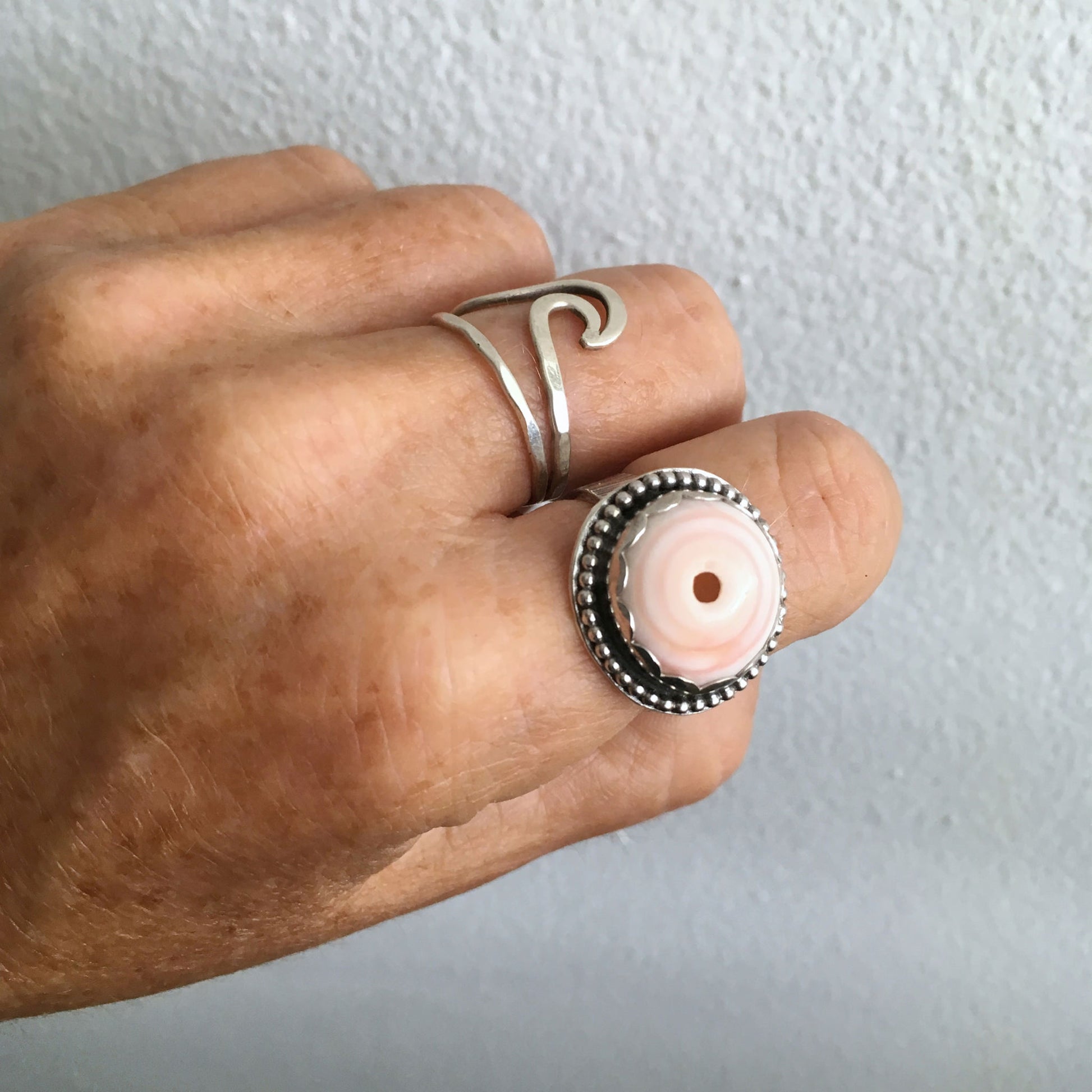 Rare-Puka-Shell-Ring-by-SpecialJCreations-Shown-On-Hand