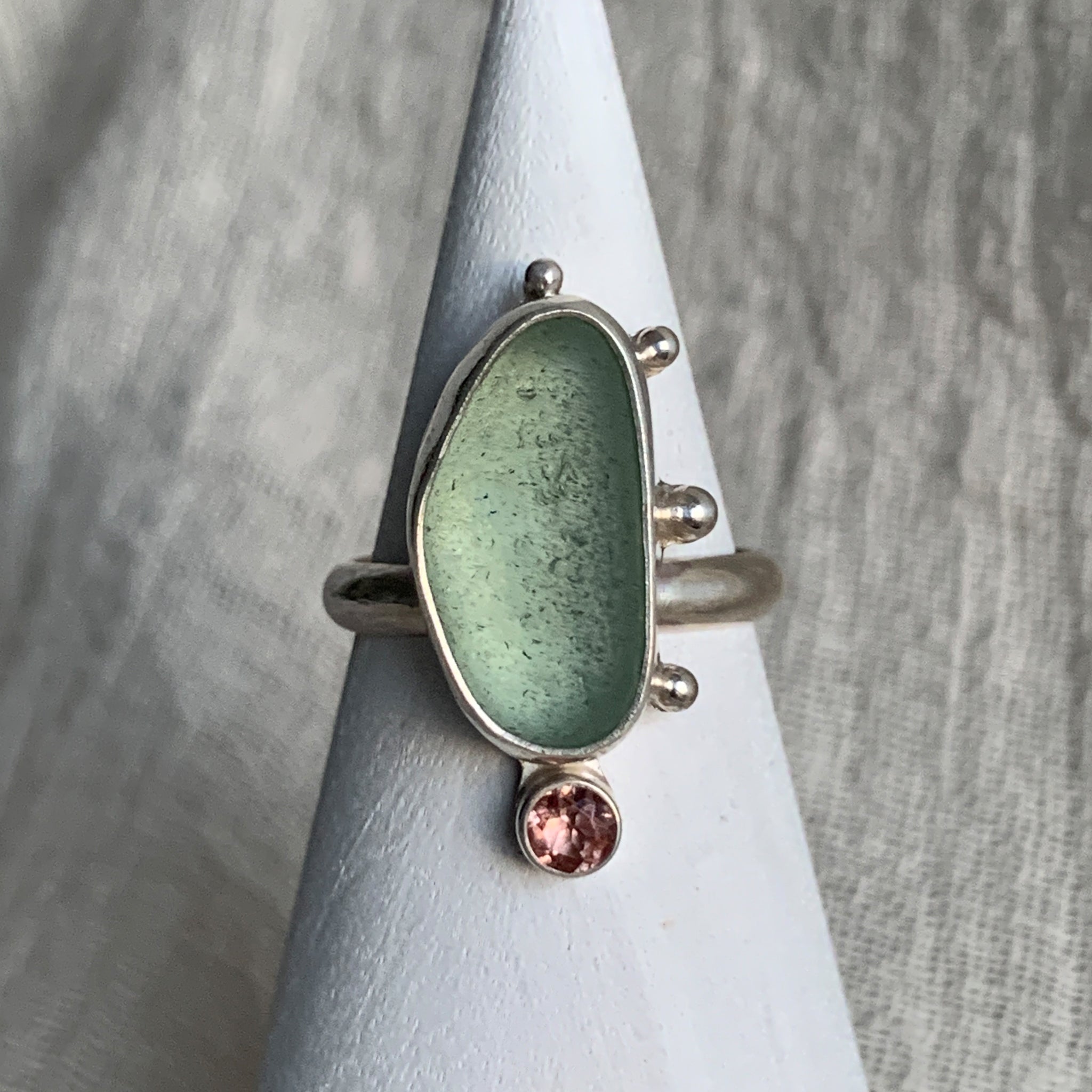 Seaglass Ring No. 2 - Natural Seafoam Seaglass and Pink Tourmaline