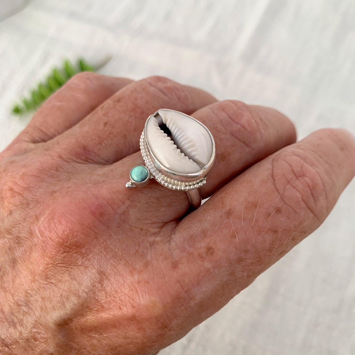 Cowry Seashell and Variscite Ring • Size 8.5