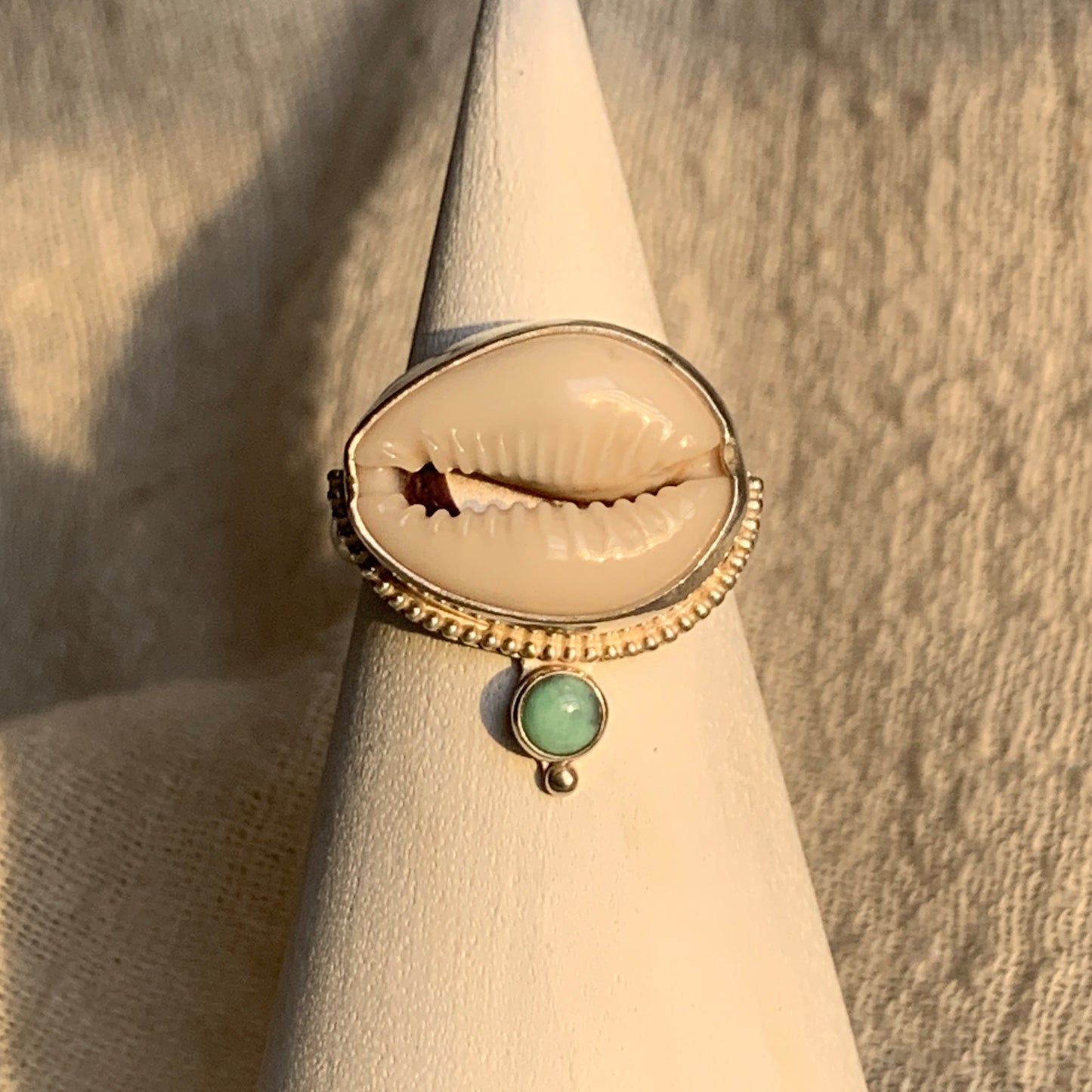 Cowry Seashell and Variscite Ring • Size 8.5