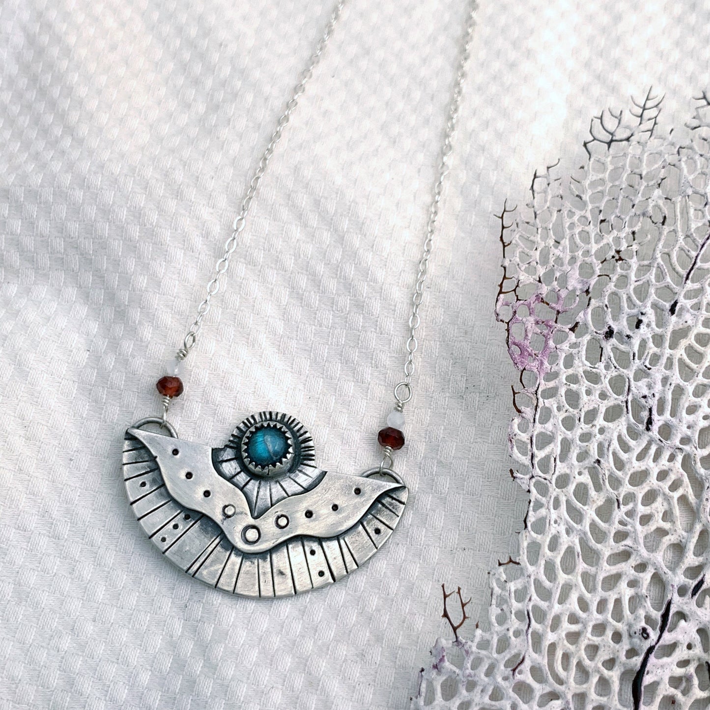 Surfacing Pendant with Labradorite, Garnet + Moonstone