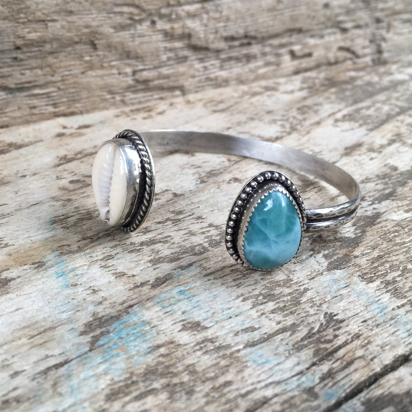 Two Treasures Cowry Shell and Larimar Cuff