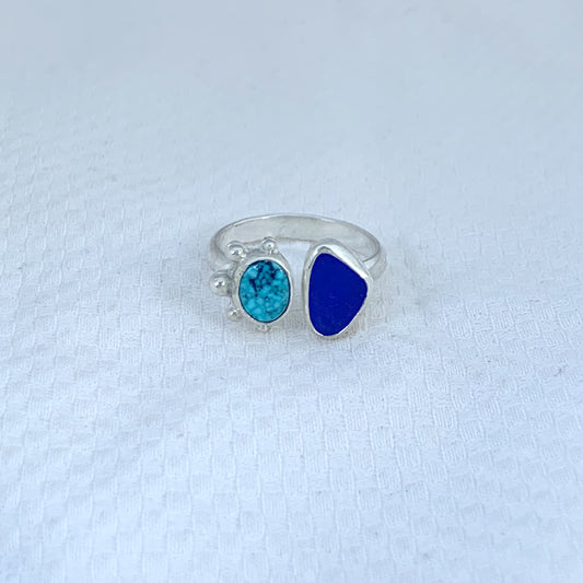 Two Treasure Kingman Turquoise and Rare Blue Seaglass Ring