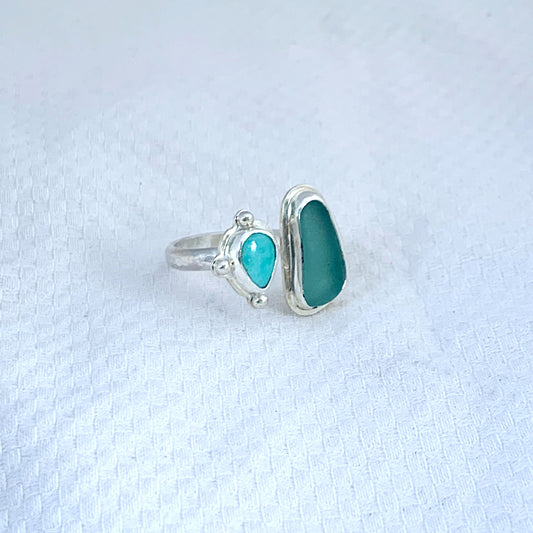 Two Treasures Ring with Turquoise and Seaglass • Size 8