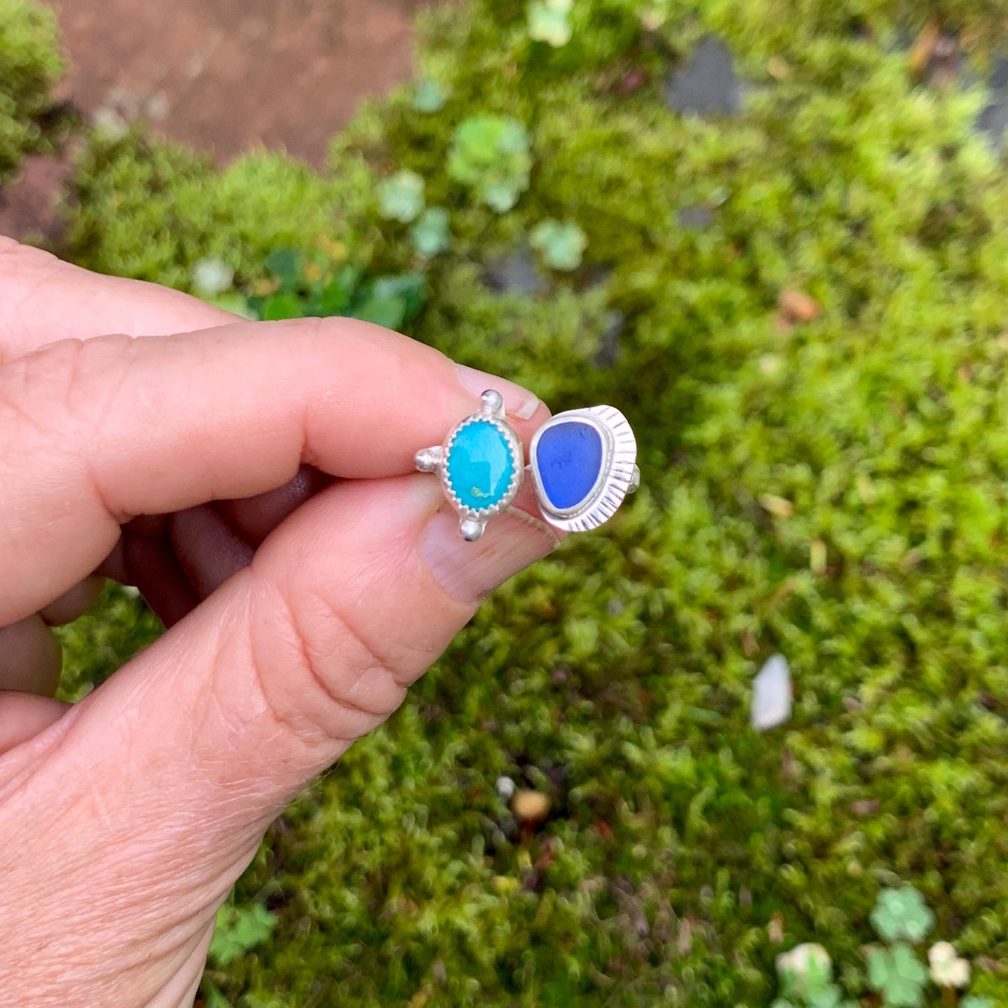 Two Treasures Ring with Turquoise and Seaglass • Size 7