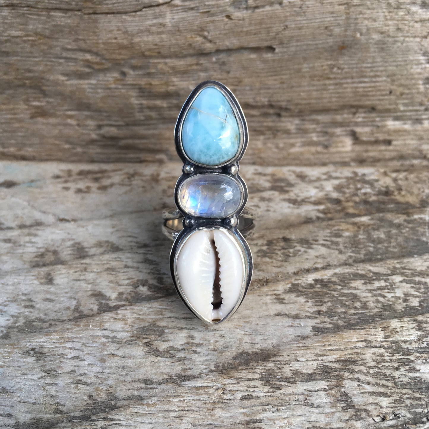 Traveler Trio Ring with Larimar, Rainbow Moonstone and Cowry Shell