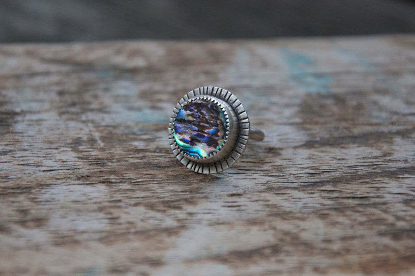 Abalone Shell ring with hand stamped details made by Special J Creations