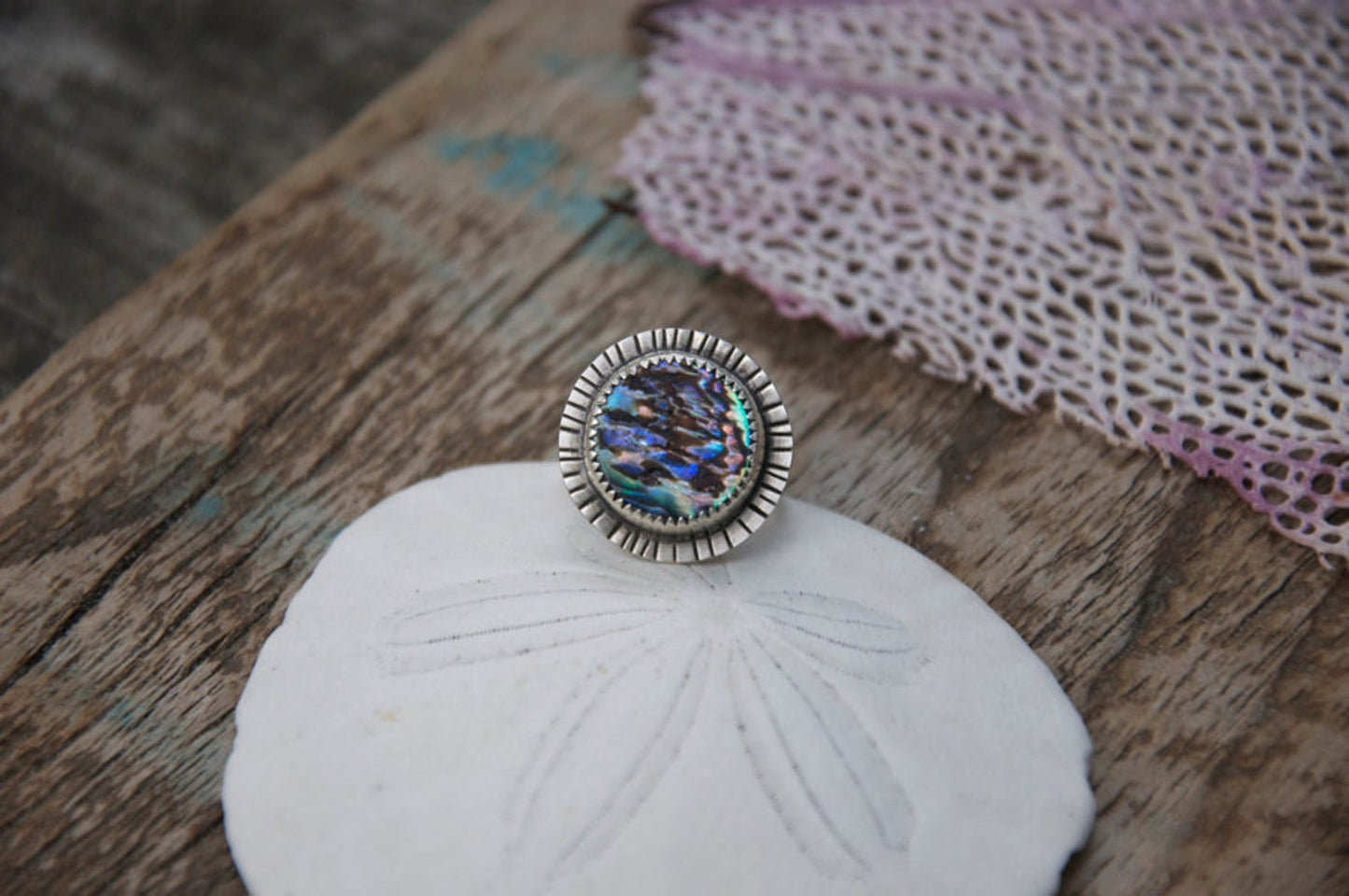 Handcrafted abalone Shell ring with hand stamped details made by Special J Creations