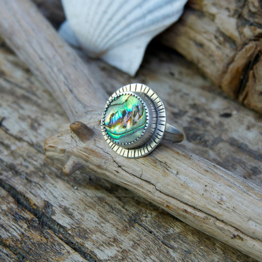 Abalone Shell ring with hand stamped details made by Special J Creations