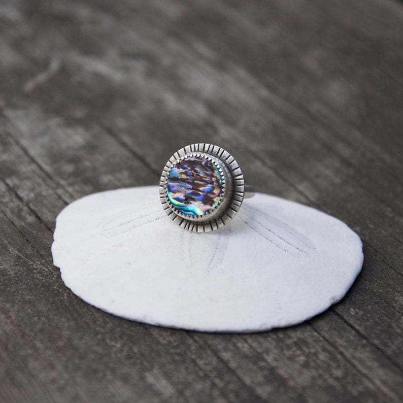 Abalone Shell ring with hand stamped details made by Special J Creations