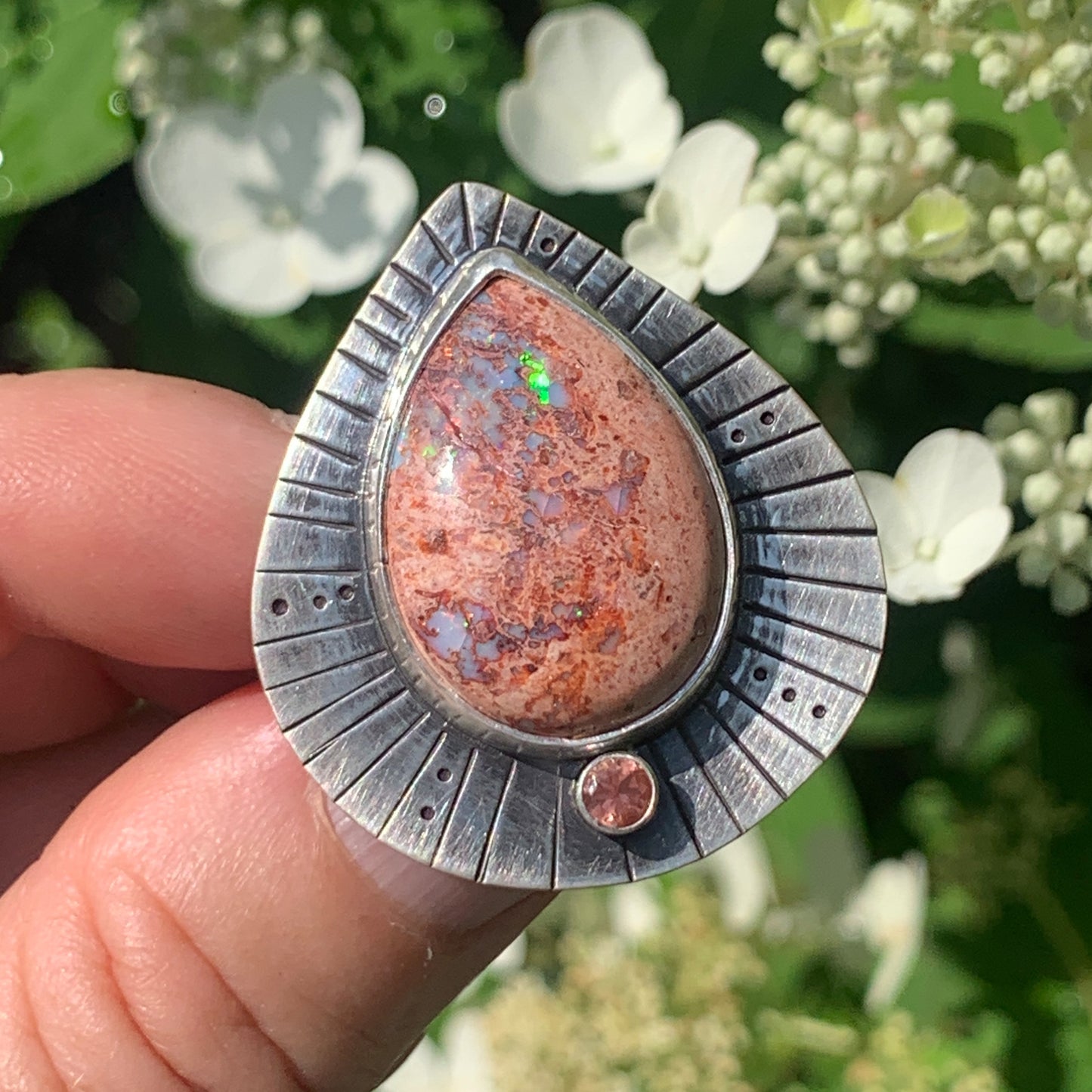 Cosmic Shield Mexican Opal and Oregon Sunstone Ring • Size 6