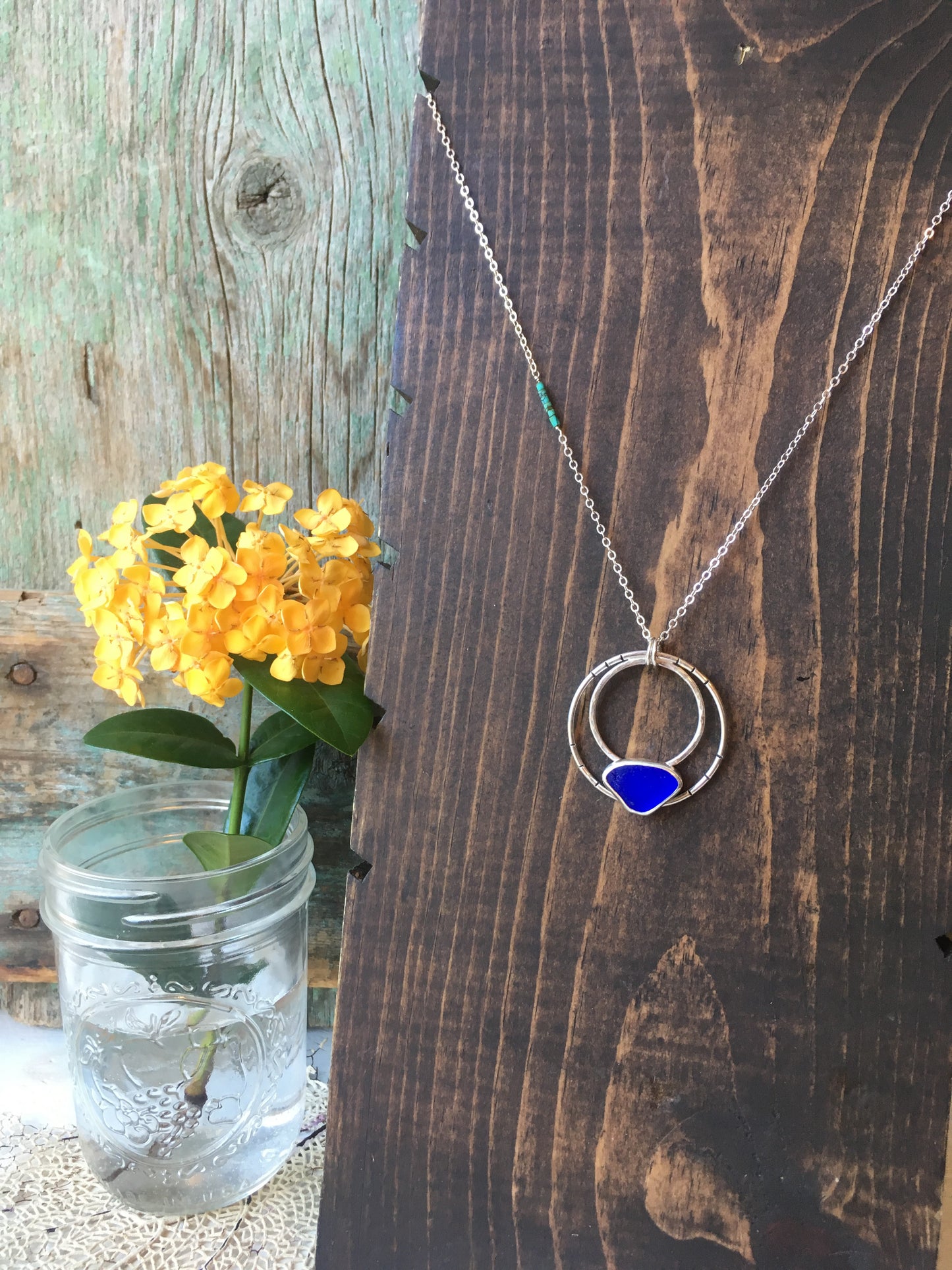 Moonlight Pendant with Rare Cobalt Blue Seaglass and Genuine Turquoise Beads