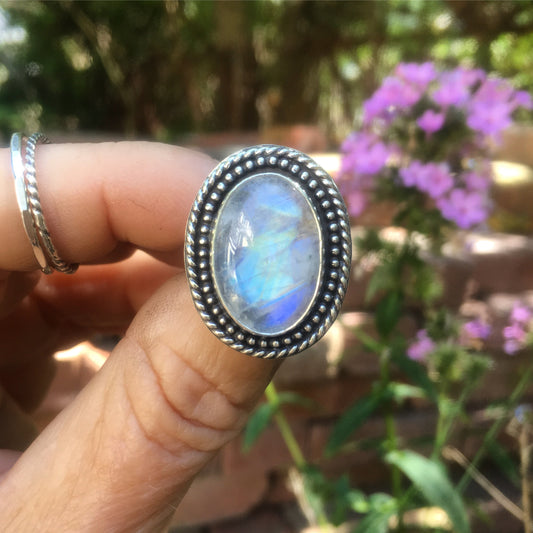 Shield Ring with Rainbow Moonstone Size 7.5