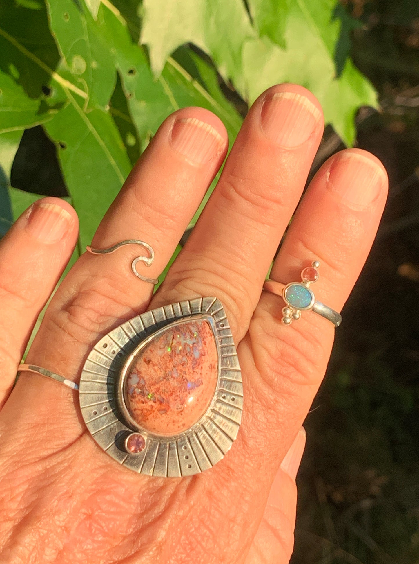 Cosmic Shield Mexican Opal and Oregon Sunstone Ring • Size 6