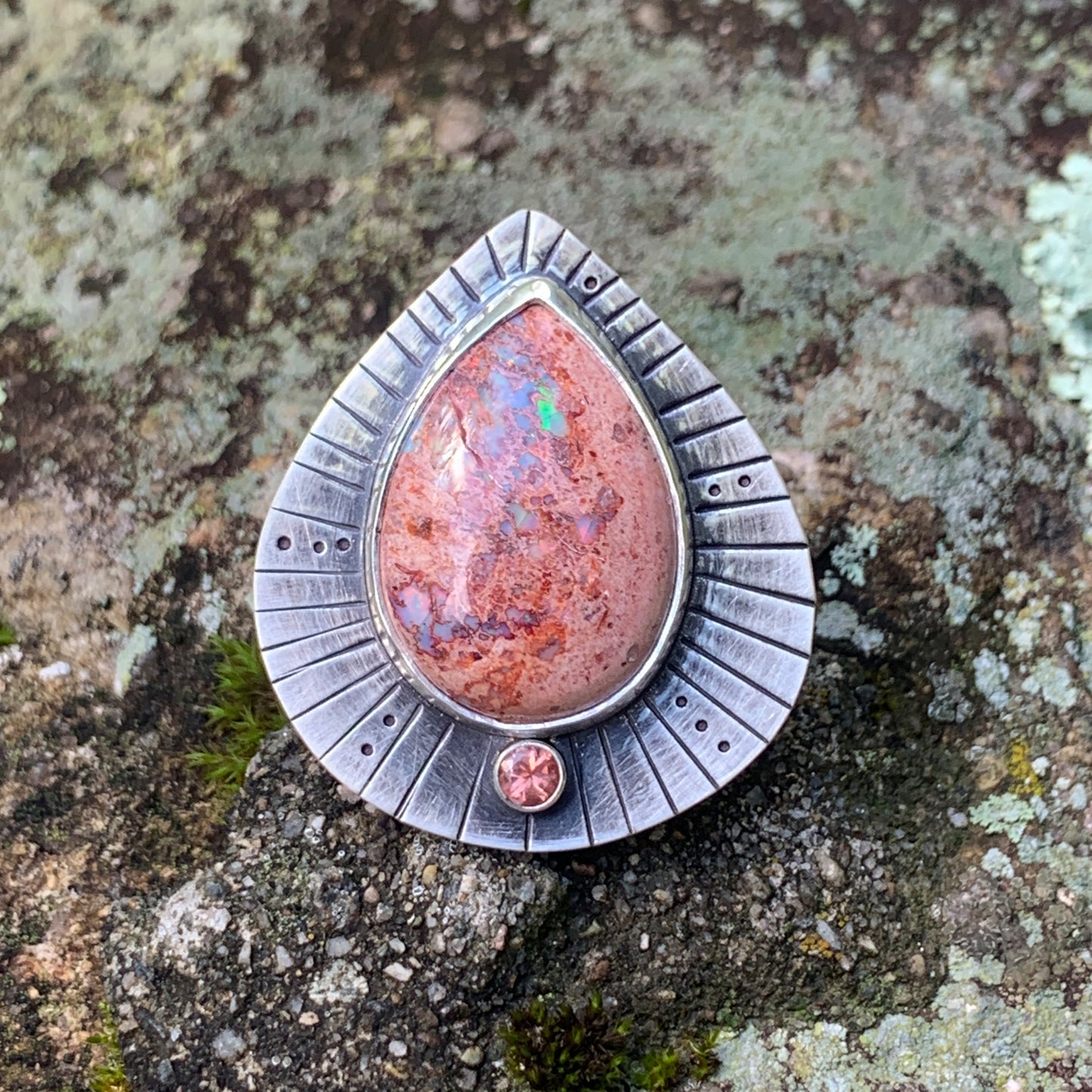 Cosmic Shield Mexican Opal and Oregon Sunstone Ring • Size 6