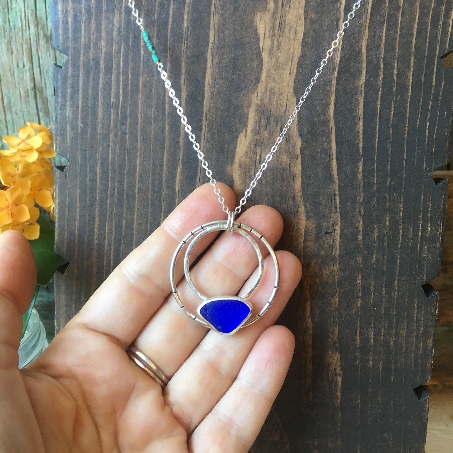 Moonlight Pendant with Rare Cobalt Blue Seaglass and Genuine Turquoise Beads