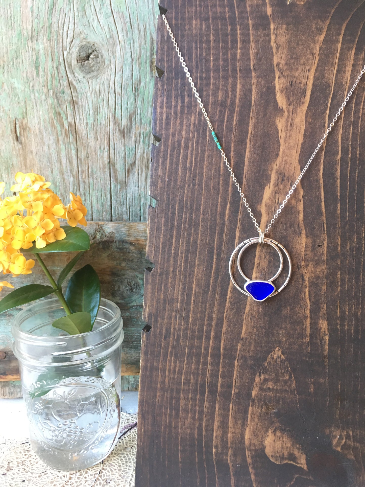 Moonlight Pendant with Rare Cobalt Blue Seaglass and Genuine Turquoise Beads